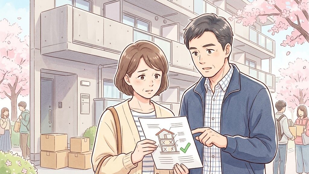 子どもの一人暮らしアパートの耐震基準を確認する親御さんのイラスト