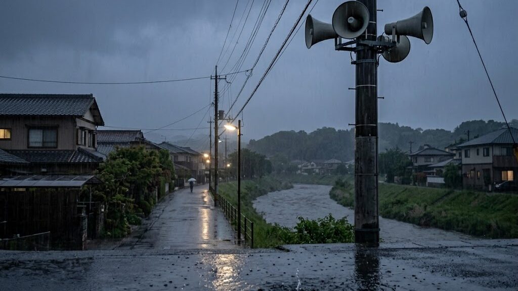 洪水警報と避難タイミングを表す雨の降る住宅街と防災無線の写真