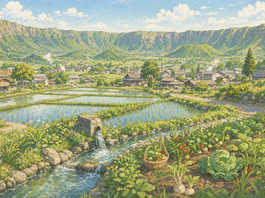 阿蘇カルデラ内の豊かな農地と湧水のある集落の暮らしを表したイラスト