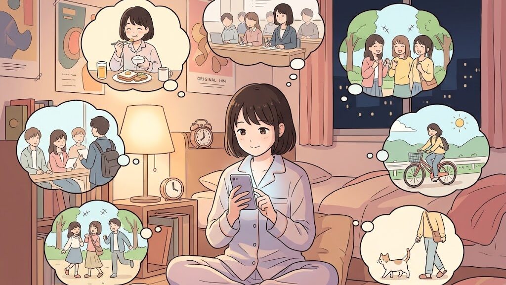 深夜に部屋でスマートフォンを見る大学生と正常性バイアスを表すイラスト