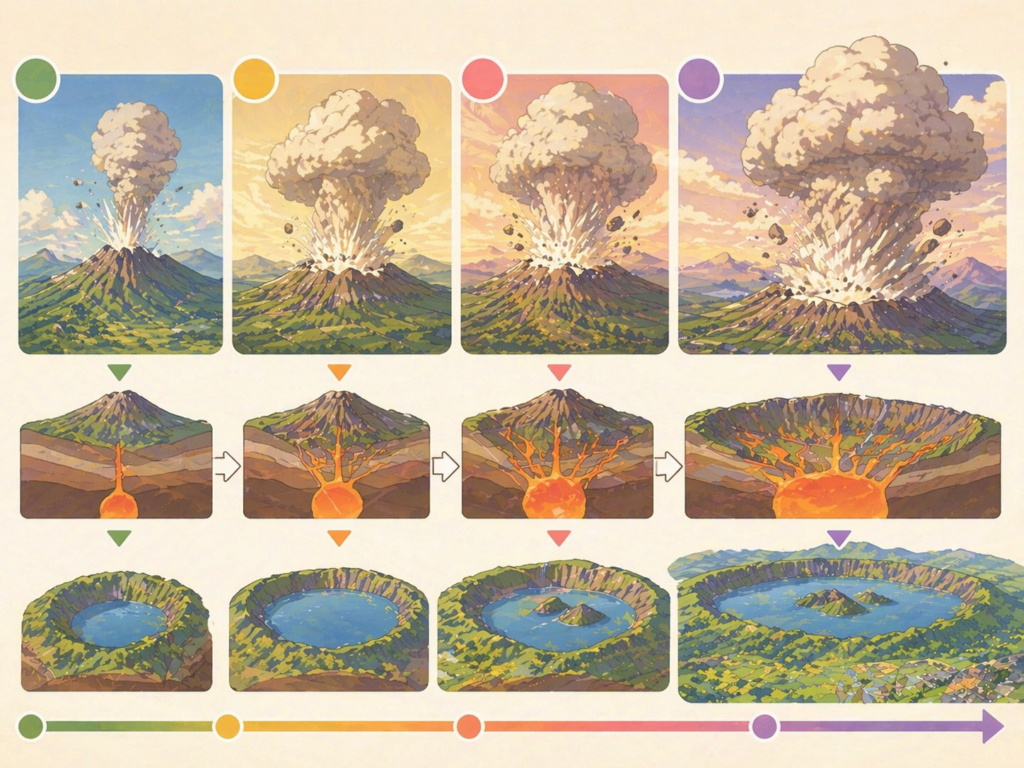 阿蘇山カルデラが4回の巨大噴火で形成された歴史を示す教育的なイラスト