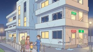 熊本地震による病院被害をアニメ風に描いた教育的イラスト