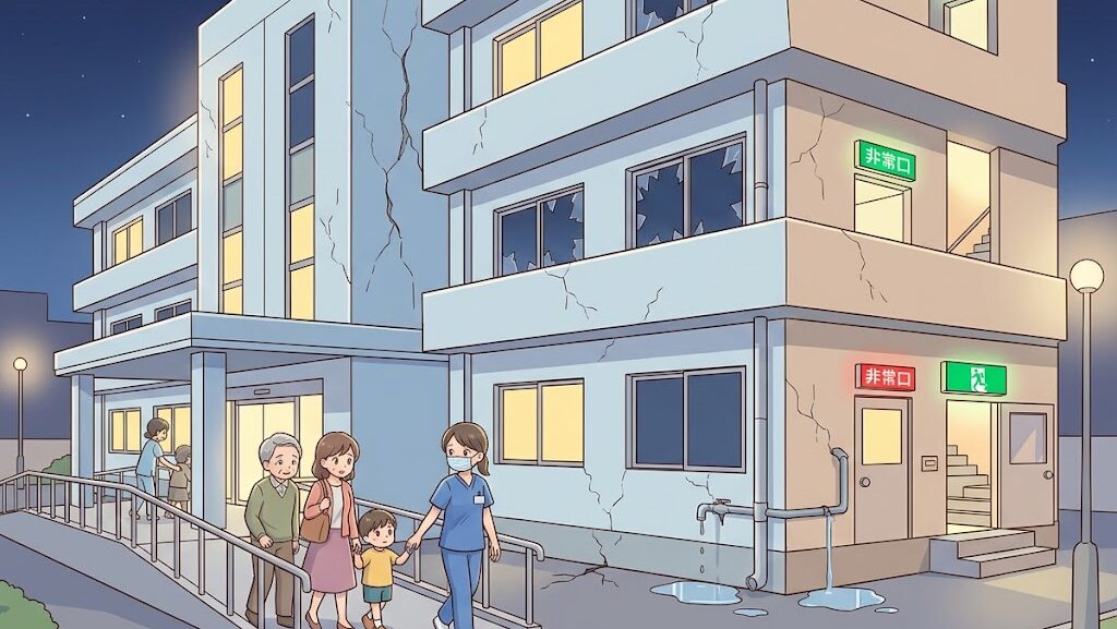 熊本地震による病院被害をアニメ風に描いた教育的イラスト