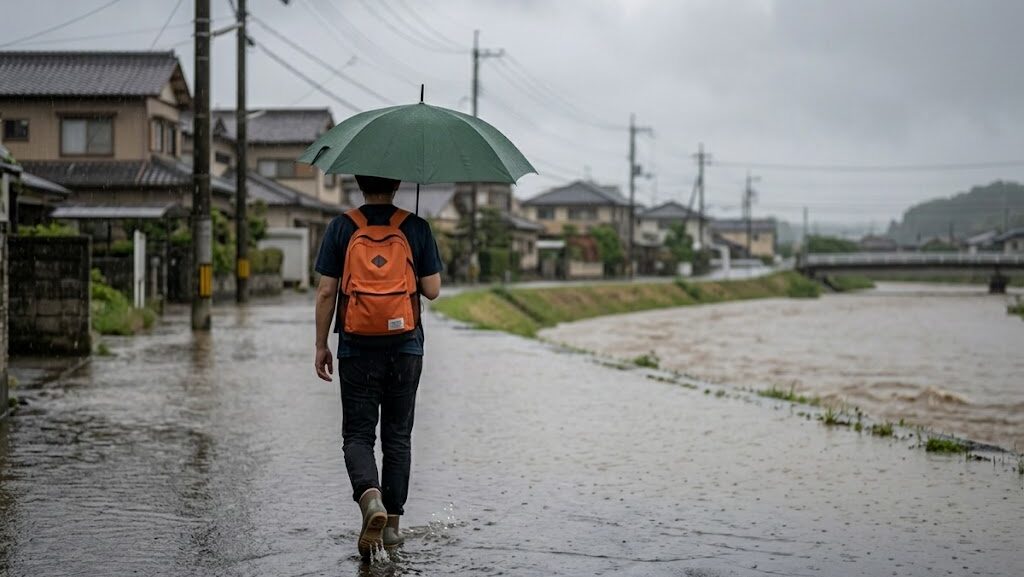 洪水時に防災リュックを背負って避難行動をとる人物の写真