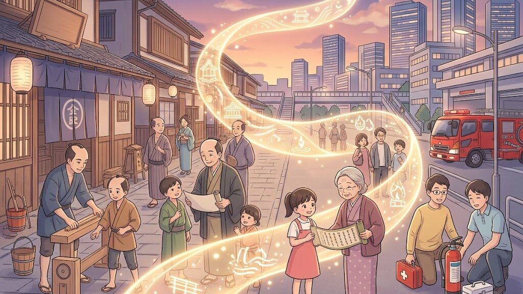 江戸から現代へと防災の教訓が受け継がれるイメージイラスト