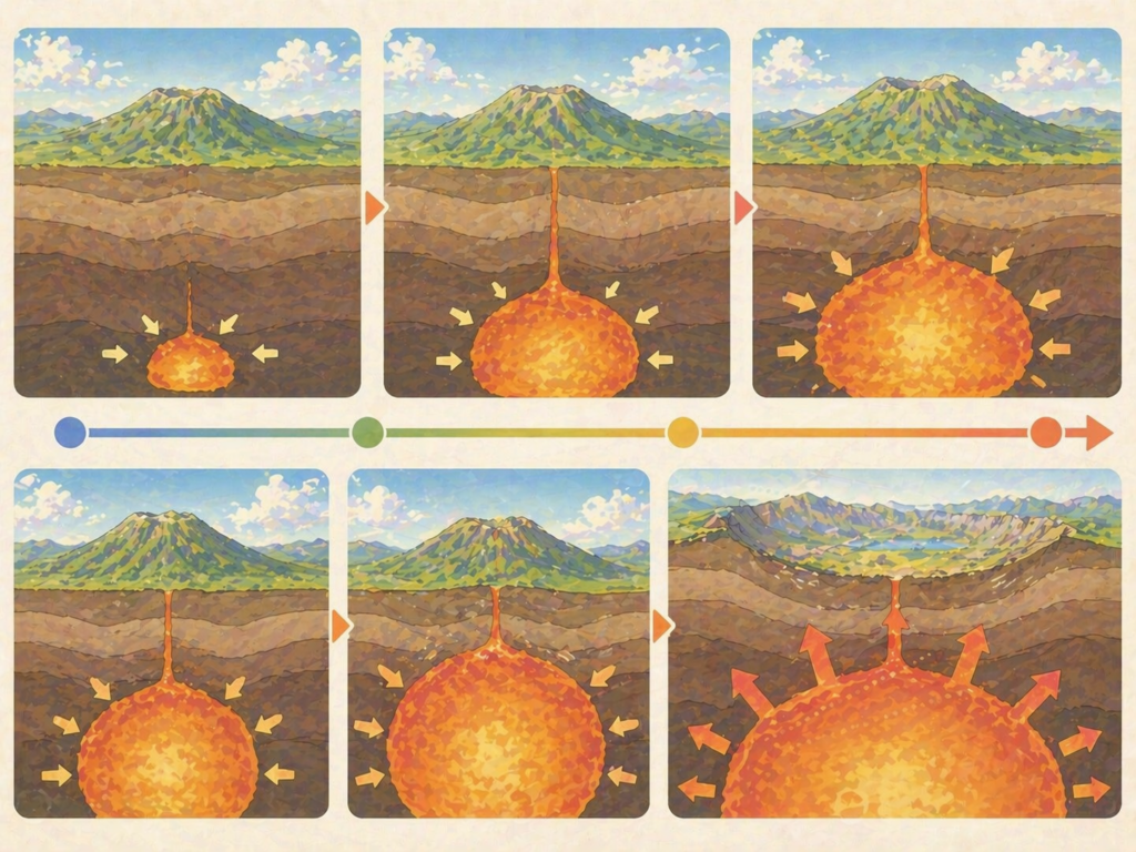 地下マグマだまりに圧力が蓄積する仕組みを説明した断面図イラスト