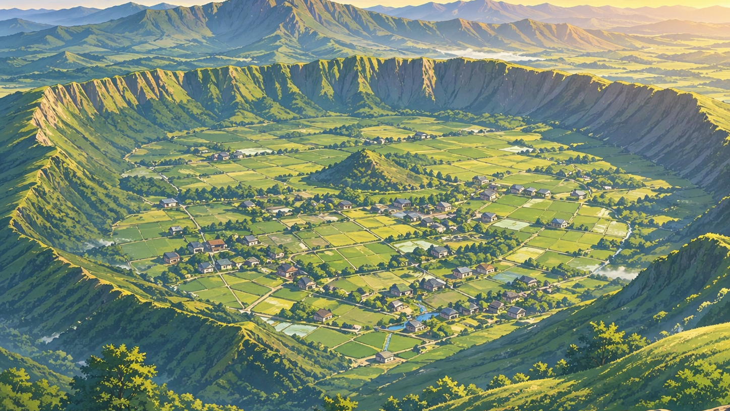 阿蘇カルデラの全景と内部の集落を俯瞰したアニメ調イラスト