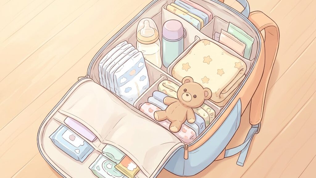 おむつやミルクなど赤ちゃん用品が整理された防災リュックのアニメ調イラスト