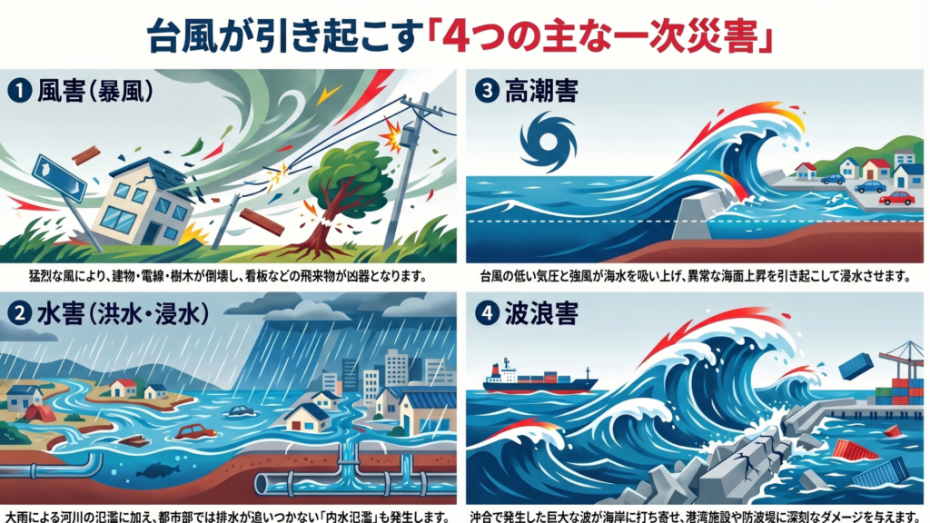 台風による「4つの主な一次災害」として、風害(暴風)、水害(洪水・浸水)、高潮害、波浪害の4つの被害をイラストとテキストで解説したインフォグラフィック。各災害の被害状況が視覚的に表現されている。