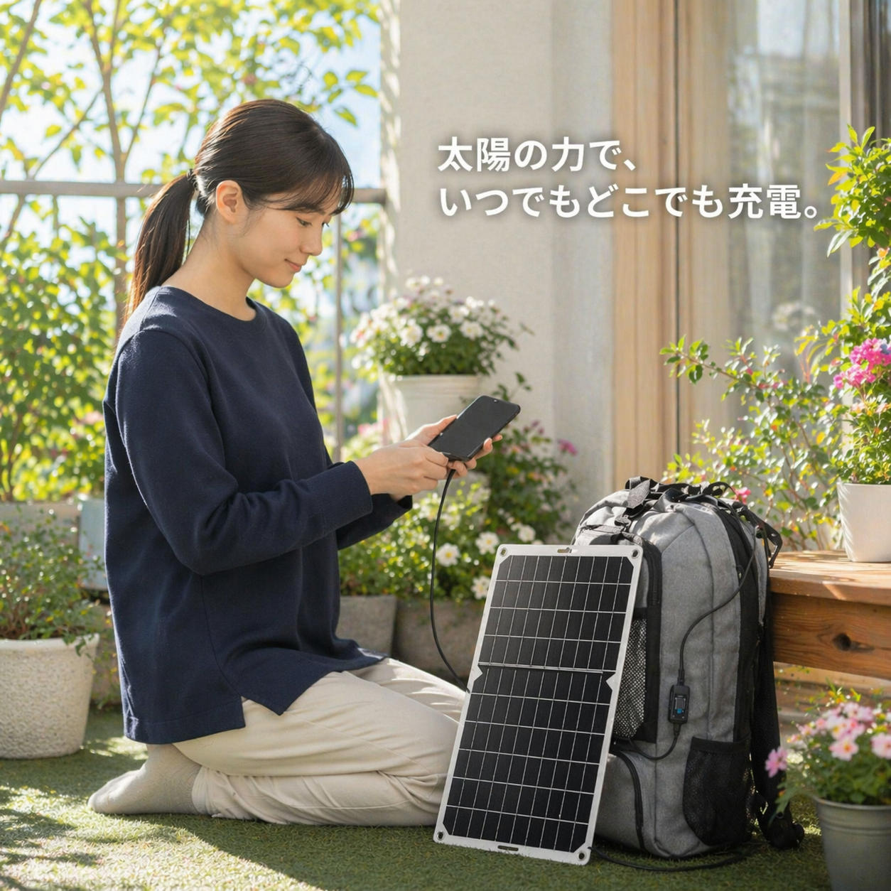 ソーラーパネルで充電中