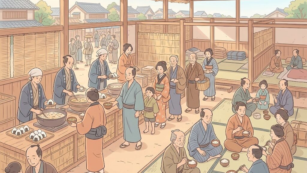 江戸の御救小屋で被災者が支援を受ける様子のイラスト