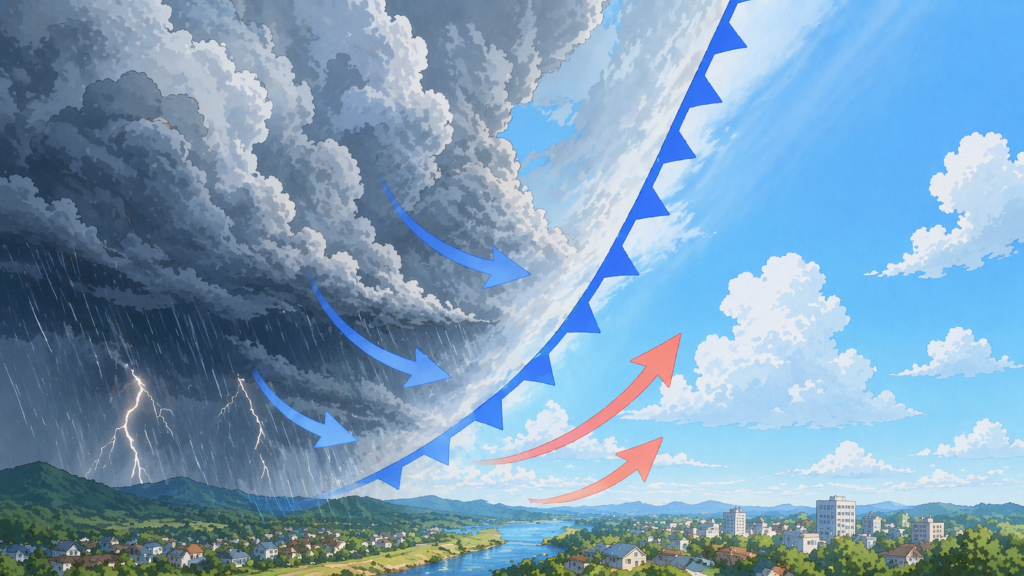 寒冷前線を挟んで天気が急変する様子を示した気象図風イラスト