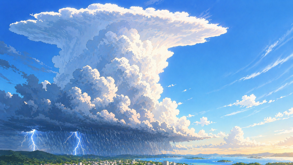 寒冷前線付近に発達する積乱雲(かなとこ雲)のイラスト