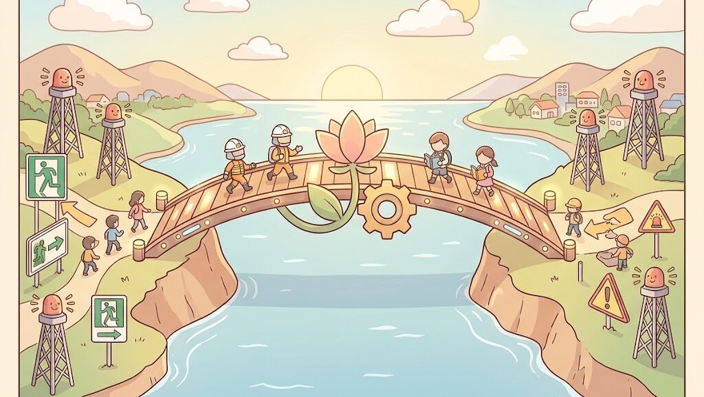 スマトラ沖地震と東日本大震災の教訓をつなぐ避難路のイラスト