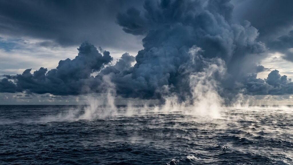 温かい海面から水蒸気が上昇し台風のエネルギー源となる様子の写真風イメージ