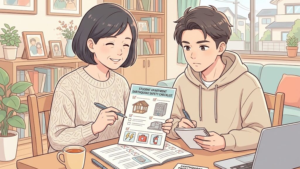 親子で学生アパートの耐震チェックリストを確認しているイラスト