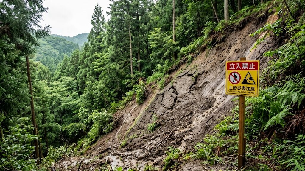 大雨後の斜面に見られる土砂災害の前兆現象の写真風イメージ
