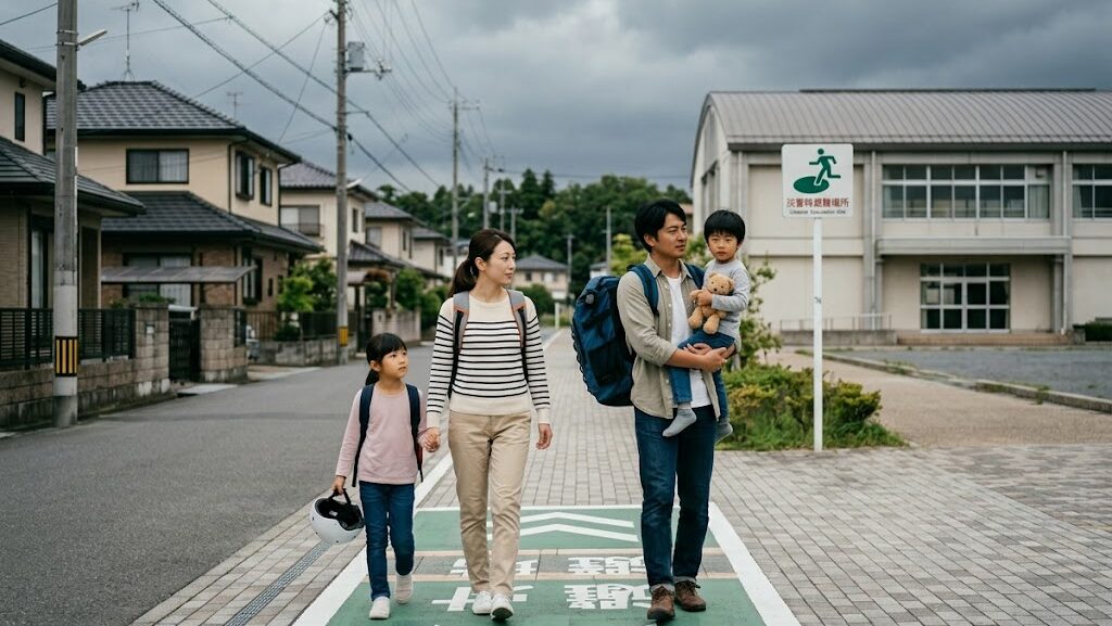 台風前に落ち着いて避難経路を歩く日本の家族の写真風イメージ