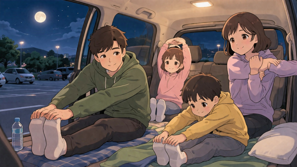 車中泊避難時のエコノミークラス症候群予防ストレッチのイラスト