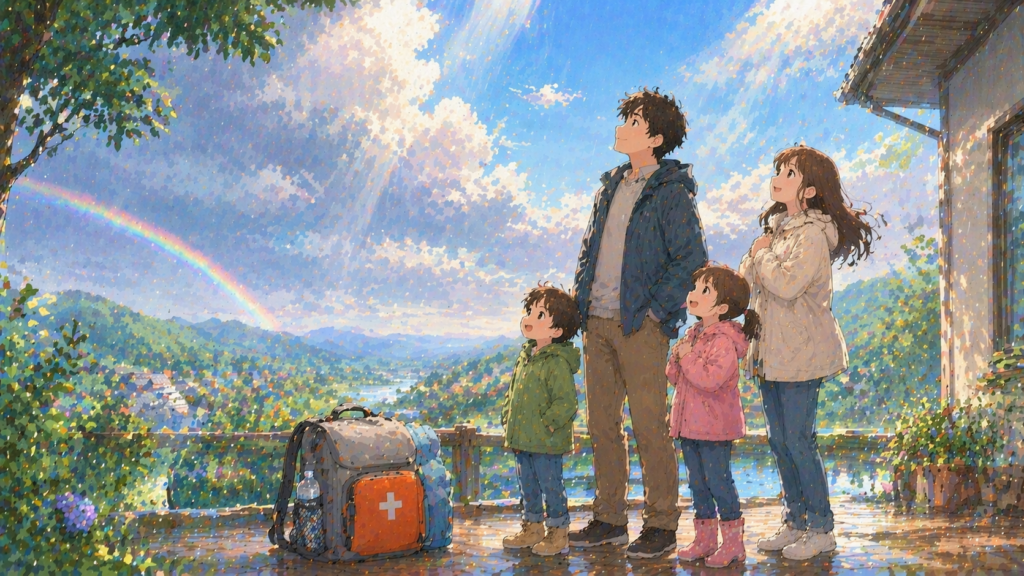 寒冷前線通過後に晴れた空を見上げる家族と防災バッグのイラスト