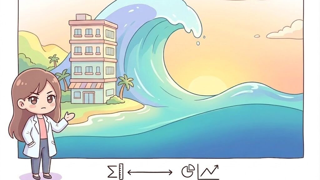 建物と比較して津波の高さと規模を示した図解イラスト