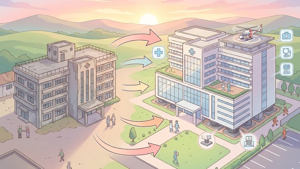 旧病院から免震構造の新病院へと改善された教訓を示すイラスト