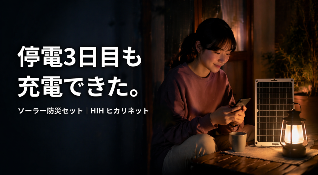 停電中の夜、ランタンの暖かい光の中でソーラーパネルに接続したスマートフォンを確認する女性（防災用ソーラー充電で安心して過ごすシーン）