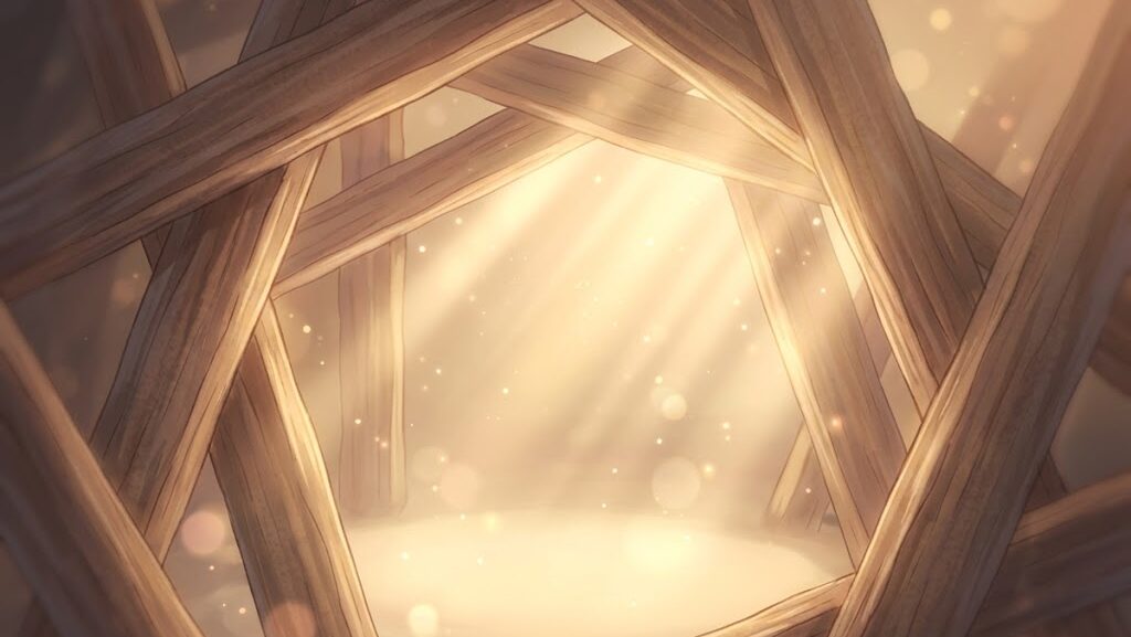 倒壊した木造建物の隙間から暖かい光が差し込む希望を象徴したアニメ調イラスト