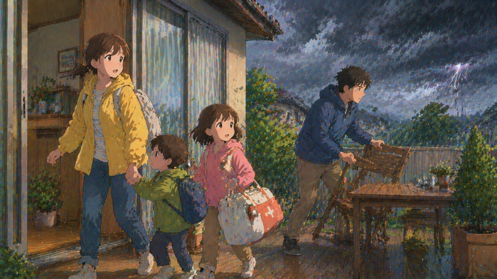 寒冷前線接近時に屋外のものを片付けて建物内へ避難する家族のイラスト