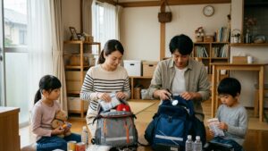台風に備えて防災袋を準備する日本の家族の写真風イメージ