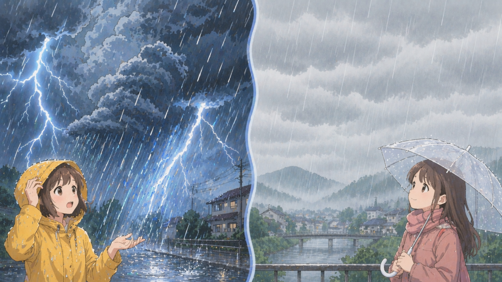 寒冷前線の驟雨(強い短時間雨)と温暖前線のしとしと雨を比較したイラスト