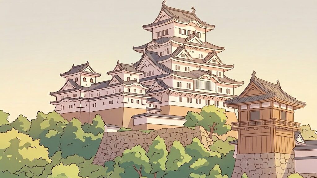 城の天守閣と櫓の構造を示すイラスト