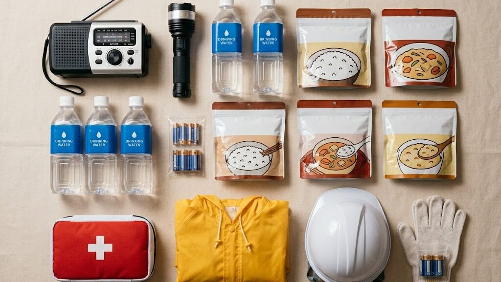 台風備えに必要な非常用持ち出し袋の中身を並べた写真風イメージ
