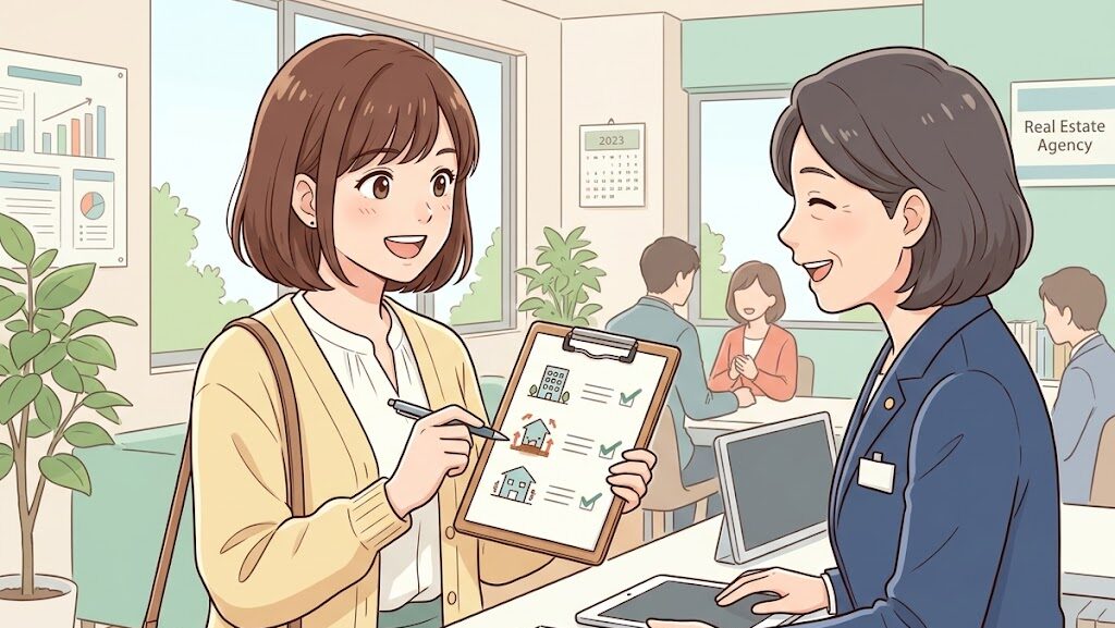 アパート契約前に耐震基準を不動産会社に確認する女性のイラスト