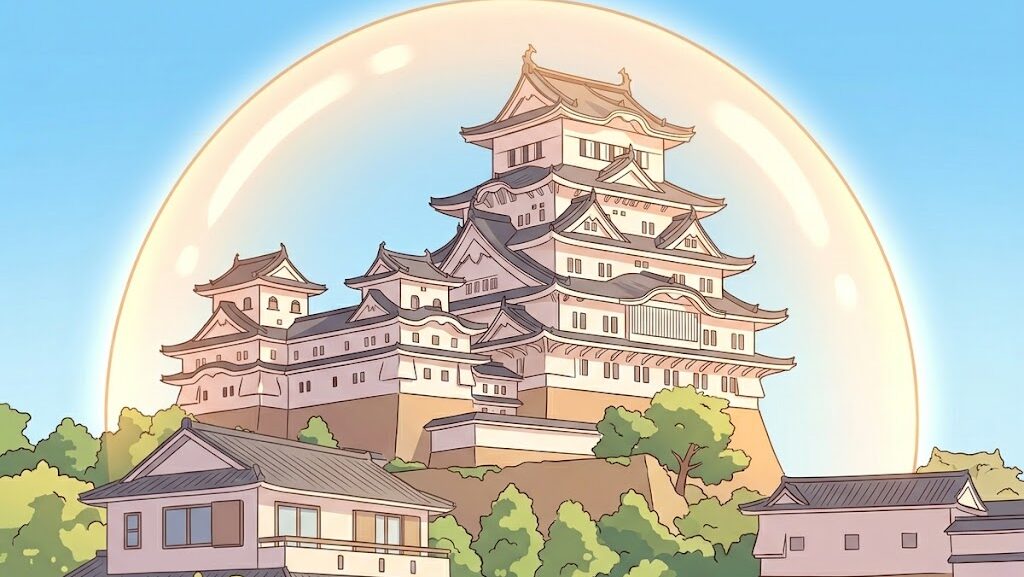 青空の下に建つ日本の伝統的な城のイラスト
