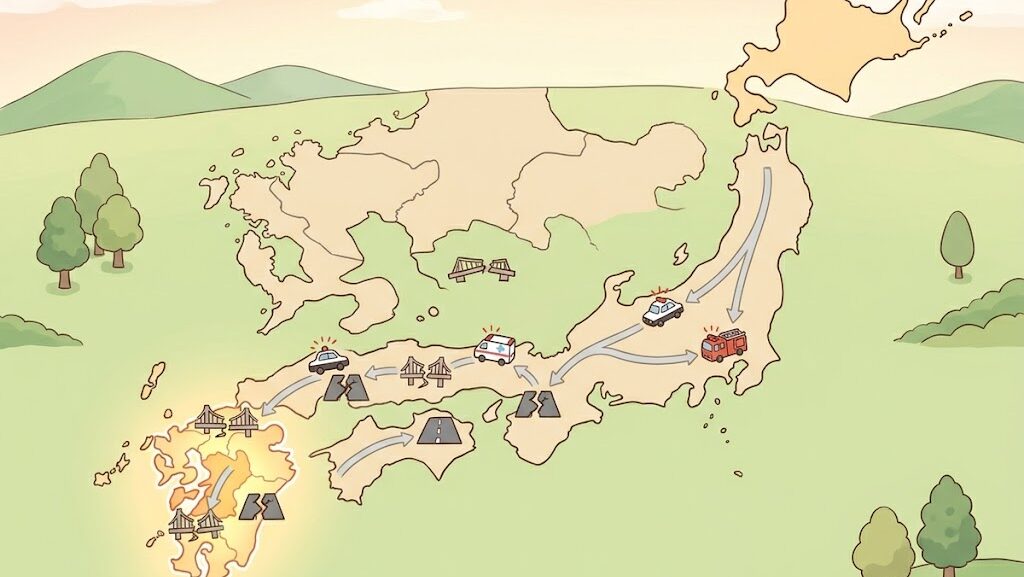 熊本地震で被害を受けた橋梁・道路インフラの分布をイメージしたイラスト