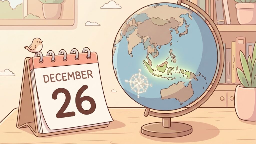 カレンダーと地球儀でスマトラ沖地震の発生日時を表すイラスト