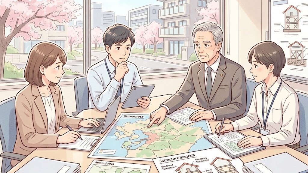 地震被害を受けて耐震制度の見直しを行う行政の会議イラスト