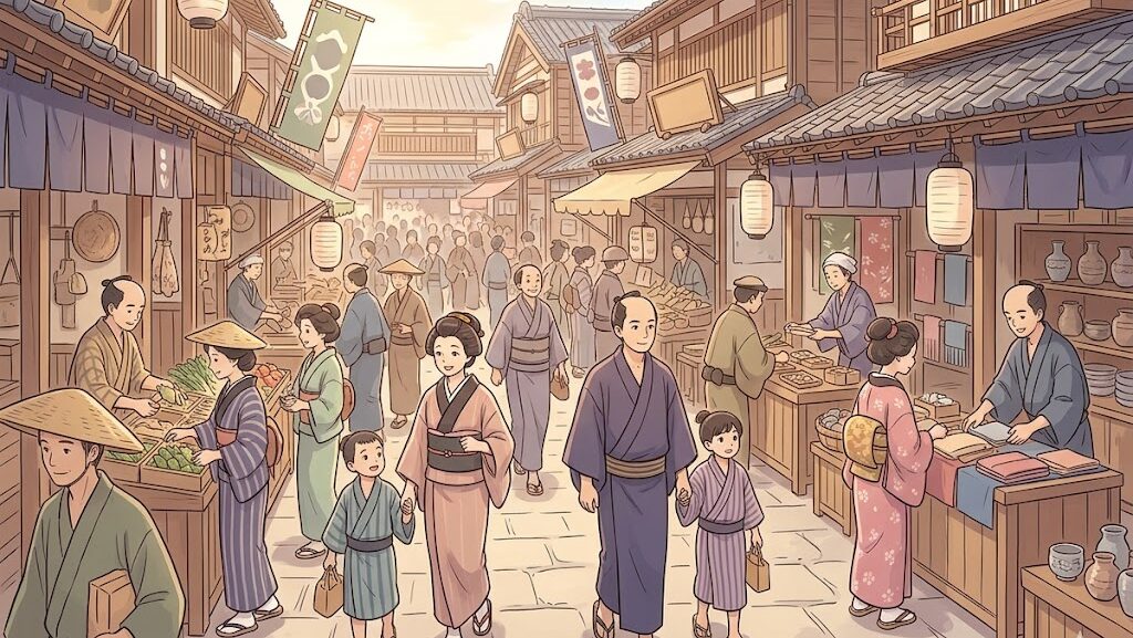 江戸時代の活気ある町人の暮らしを描いたイラスト