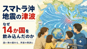 スマトラ沖地震の津波がインド洋全体へ広がり、14か国に被害をもたらした理由と津波の教訓を伝える防災イラスト