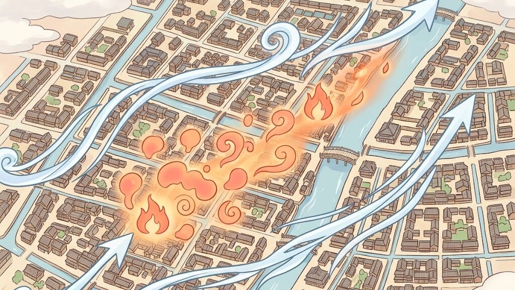 江戸の大火が風に乗って延焼した経路を示す図解イラスト