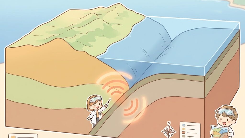 プレートが沈み込む海溝型地震のメカニズムを示した断面図イラスト