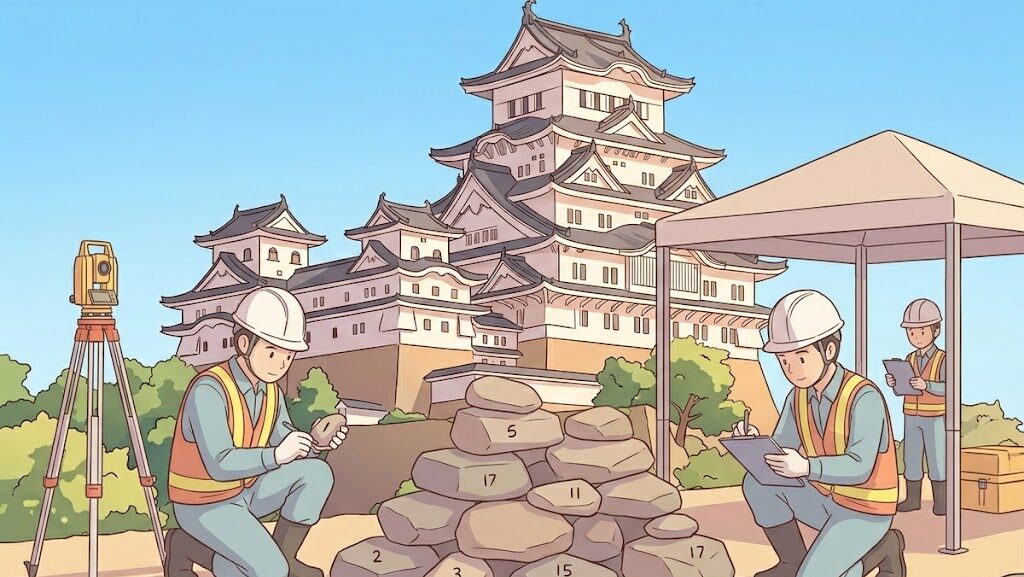 城の石垣の3層構造を示す断面図イラスト