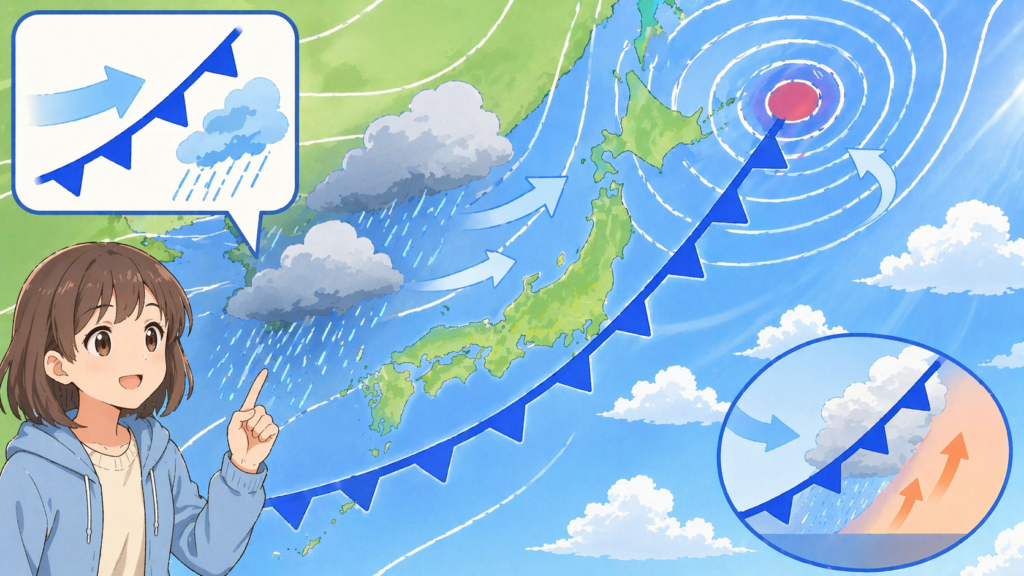 寒冷前線の天気図記号(青い三角)と低気圧の位置を示した天気図イラスト