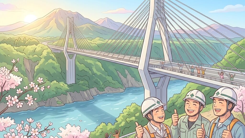 復旧した新阿蘇大橋の完成を喜ぶ人々のアニメ調イラスト