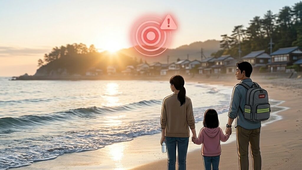 後発地震注意情報と防災の備えをテーマにした明るく希望を感じるアイキャッチ