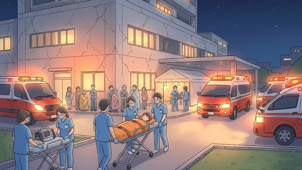 熊本地震で病院が被災し医療スタッフが患者を搬送するイラスト