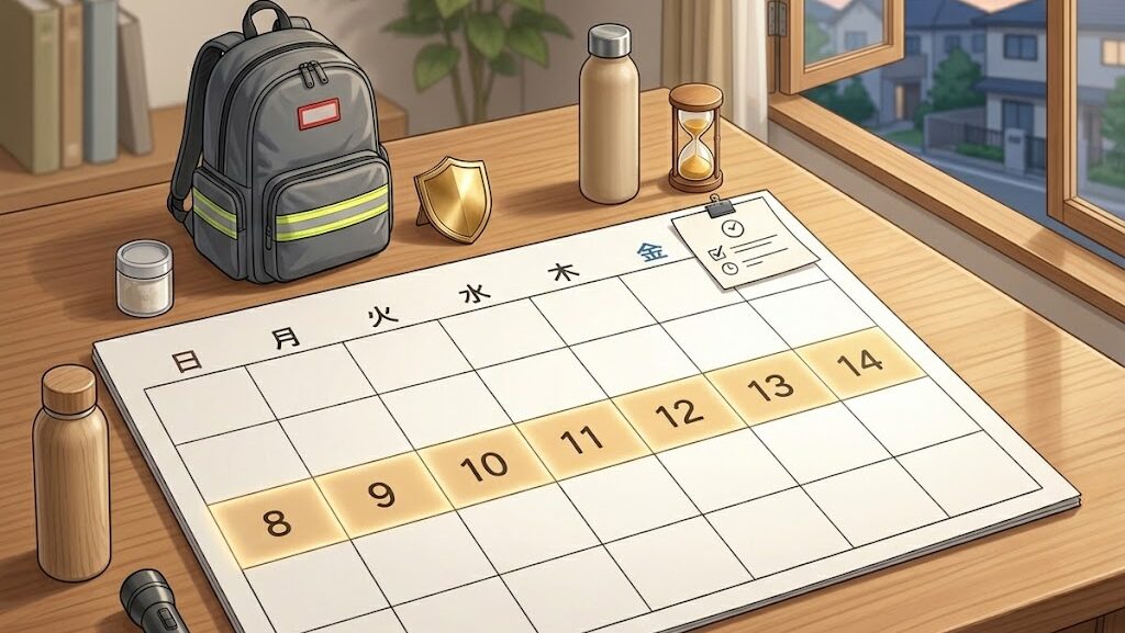 後発地震注意情報の1週間の警戒期間を示すカレンダーイラスト