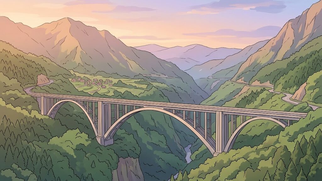 阿蘇の深い谷に架かるアーチ橋のアニメ調イラスト