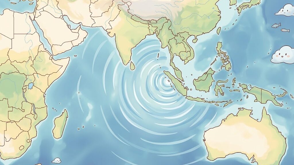 インド洋を中心に広がる津波の伝播を示した世界地図のイラスト